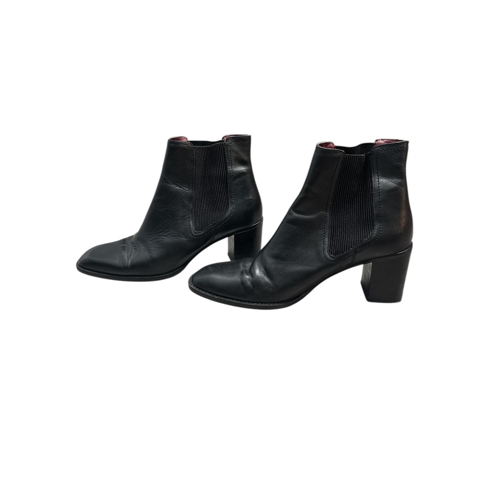 Zara Black Leather Chelsea Ankle Boots Block Heel Elastic Side Women's